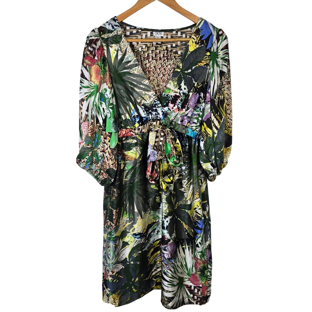 Cache Size‎ 8 Floral 100% Silk Print Dress V Neck 3/4 Sleeve Tie Waist Pockets